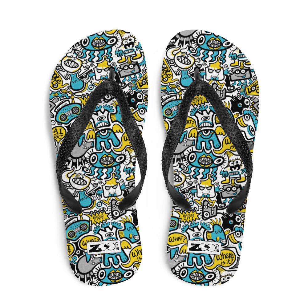 Discover a whole Doodle world in Lost city Flip-Flops. Top view