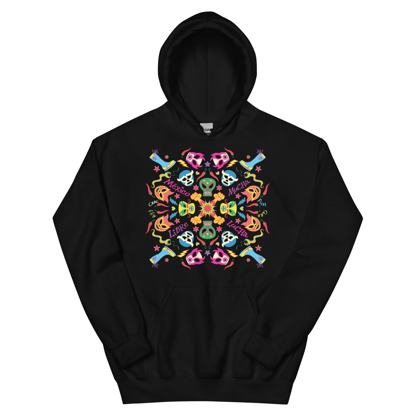 Mexican wrestling colorful party Unisex Hoodie. Front view