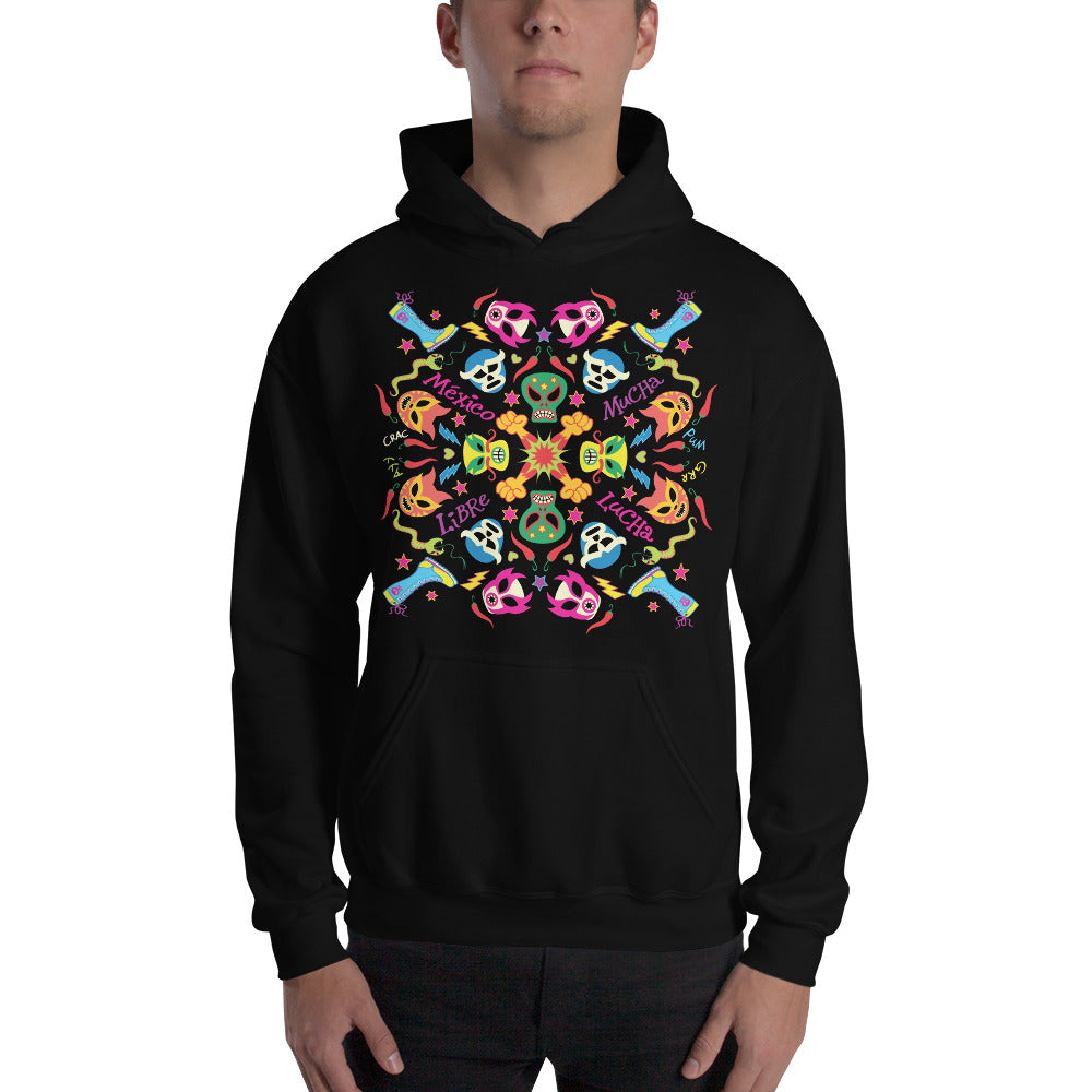 Young man wearing Unisex Hoodie printed with Mexican wrestling colorful party