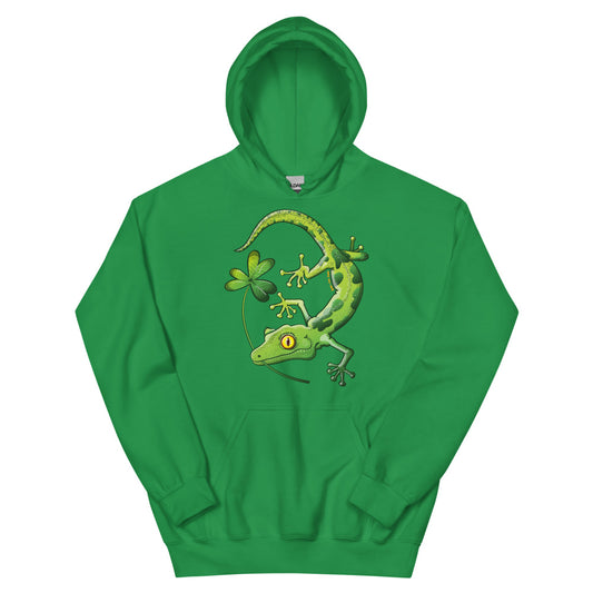 Saint Patrick’s Day Gecko holding a shamrock Unisex Hoodie. Front view