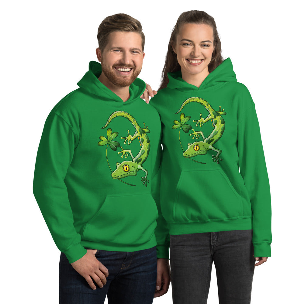 Happy couple wearing Unisex Hoodies printed with Saint Patrick’s Day Gecko holding a shamrock