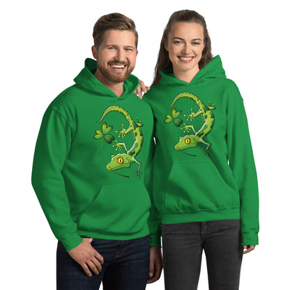Happy couple wearing Unisex Hoodies printed with Saint Patrick’s Day Gecko holding a shamrock