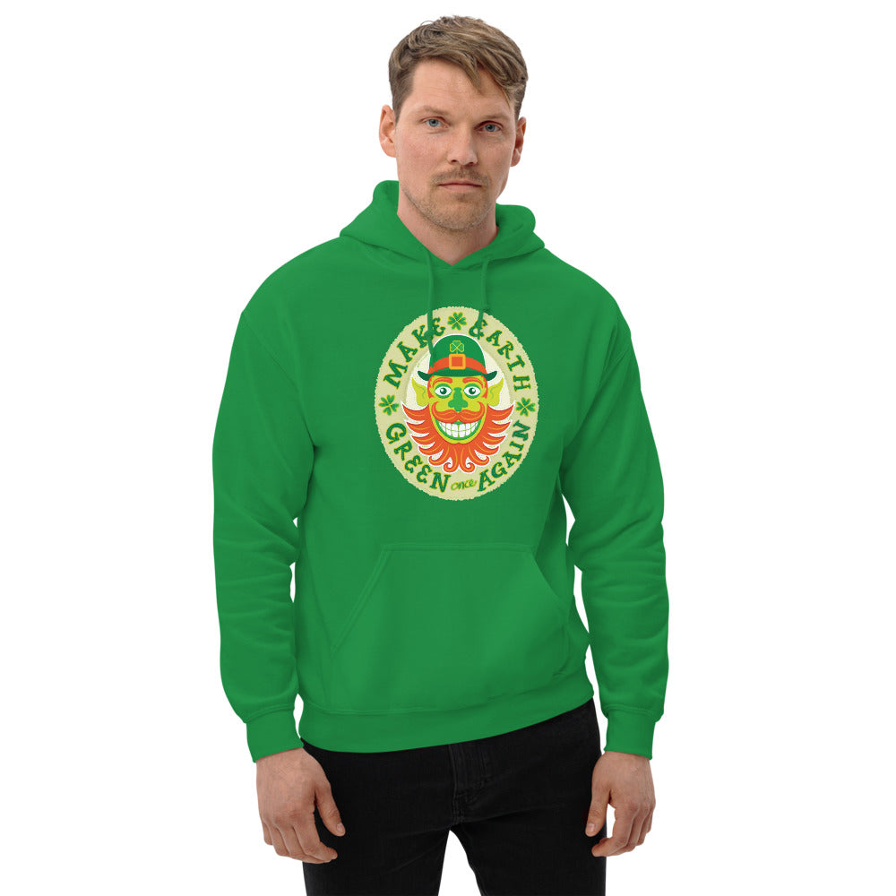 Young man wearing Unisex Hoodie printed with Make Earth green again, it’s Saint Patrick’s Day