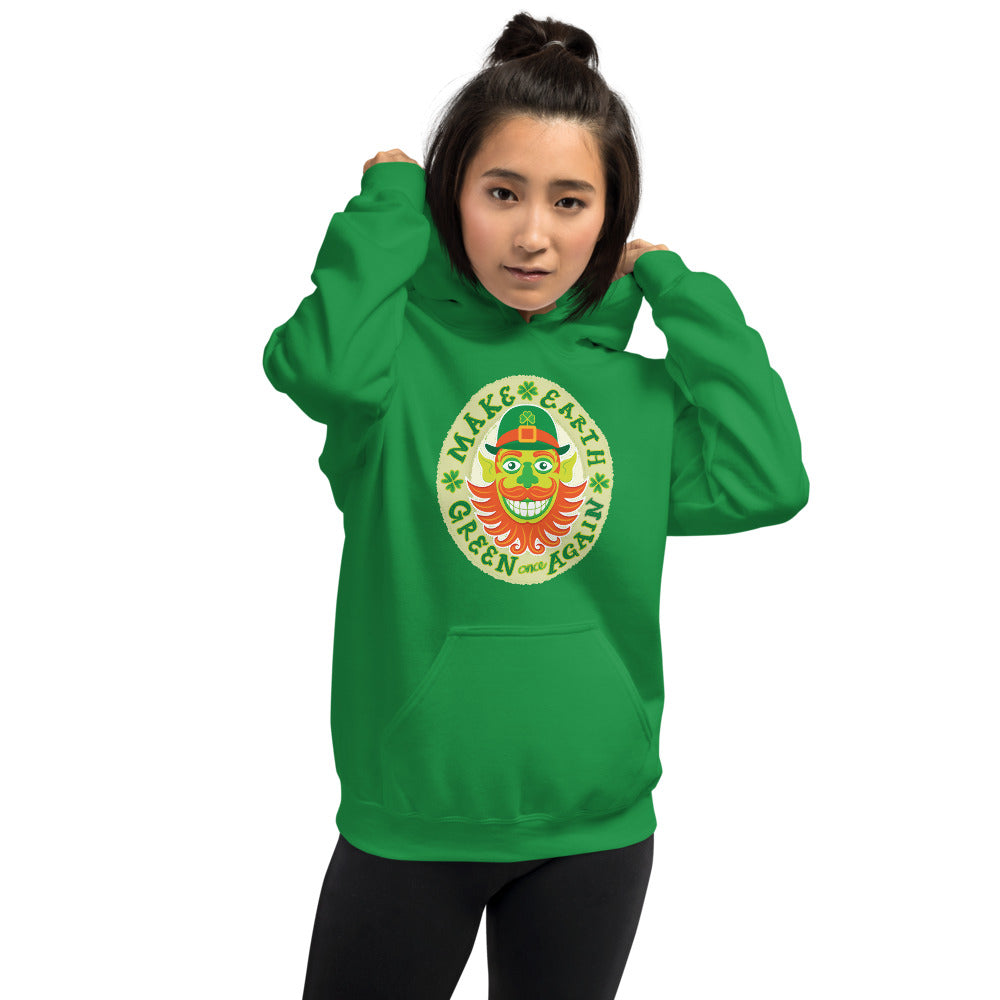 Asian woman wearing Unisex Hoodie printed with Make Earth green again, it’s Saint Patrick’s Day