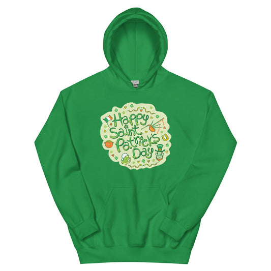 Live a happy Saint Patrick's Day Unisex Hoodie. Irish green. Front view