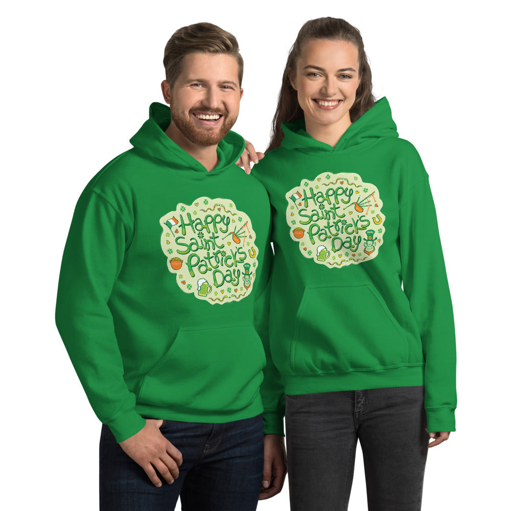 Happy couple of man and woman wearing Unisex Hoodies printed with Live a happy Saint Patrick's Day. Irish green. Front view