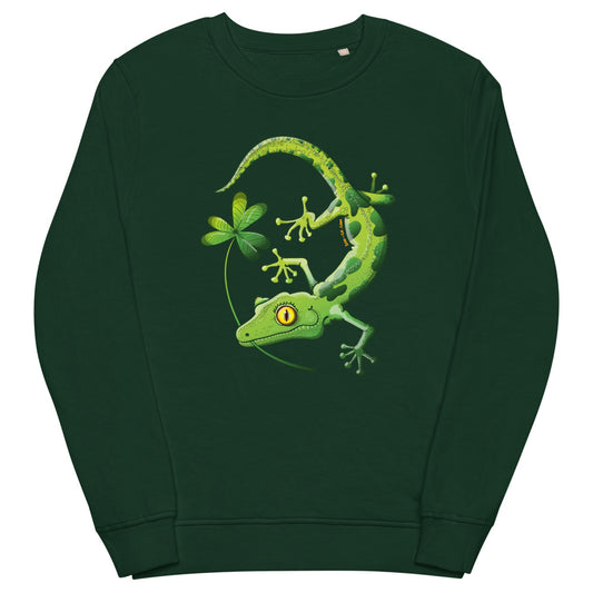 Saint Patrick’s Day Gecko holding a shamrock Unisex organic sweatshirt. Front view