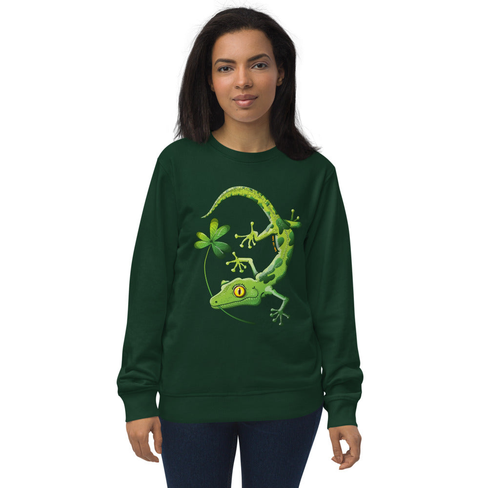 Nice woman wearing Unisex organic sweatshirt printed with Saint Patrick’s Day Gecko holding a shamrock