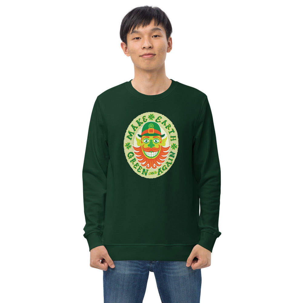 Smiling Asian man wearing Unisex organic sweatshirt printed with Make Earth green again, it’s Saint Patrick’s Day