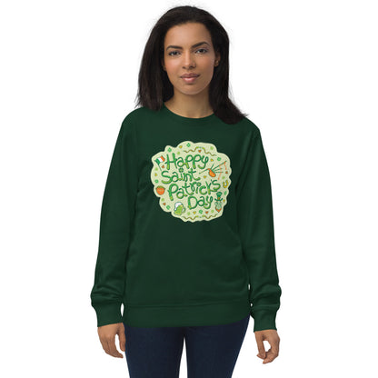 Nice woman wearing Unisex organic sweatshirt printed with Live a happy Saint Patrick's Day. Bottle green. Front view