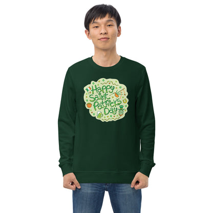 Cool man wearing Unisex organic sweatshirt printed with Live a happy Saint Patrick's Day. Bottle green. Front view