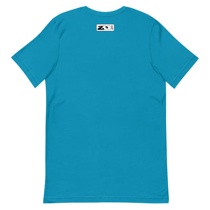 Fish in trouble asking for help while trapped in a plastic bottle Unisex t-shirt. Aqua color. Back view