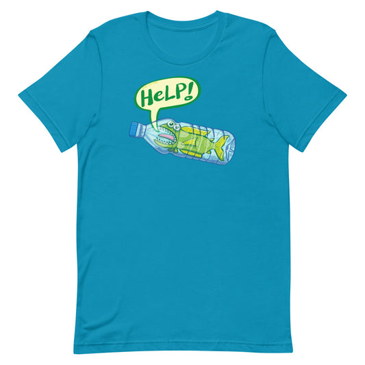 Fish in trouble asking for help while trapped in a plastic bottle Unisex t-shirt. Aqua color. Front view
