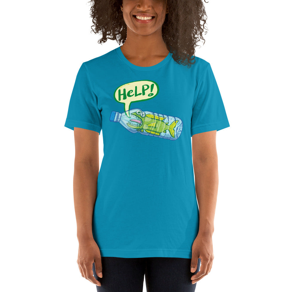 Smiling woman wearing Unisex t-shirt printed with Fish in trouble asking for help while trapped in a plastic bottle. Aqua color. Front view