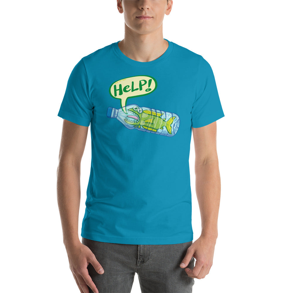 Young man wearing Unisex t-shirt printed with Fish in trouble asking for help while trapped in a plastic bottle. Aqua color. Front view