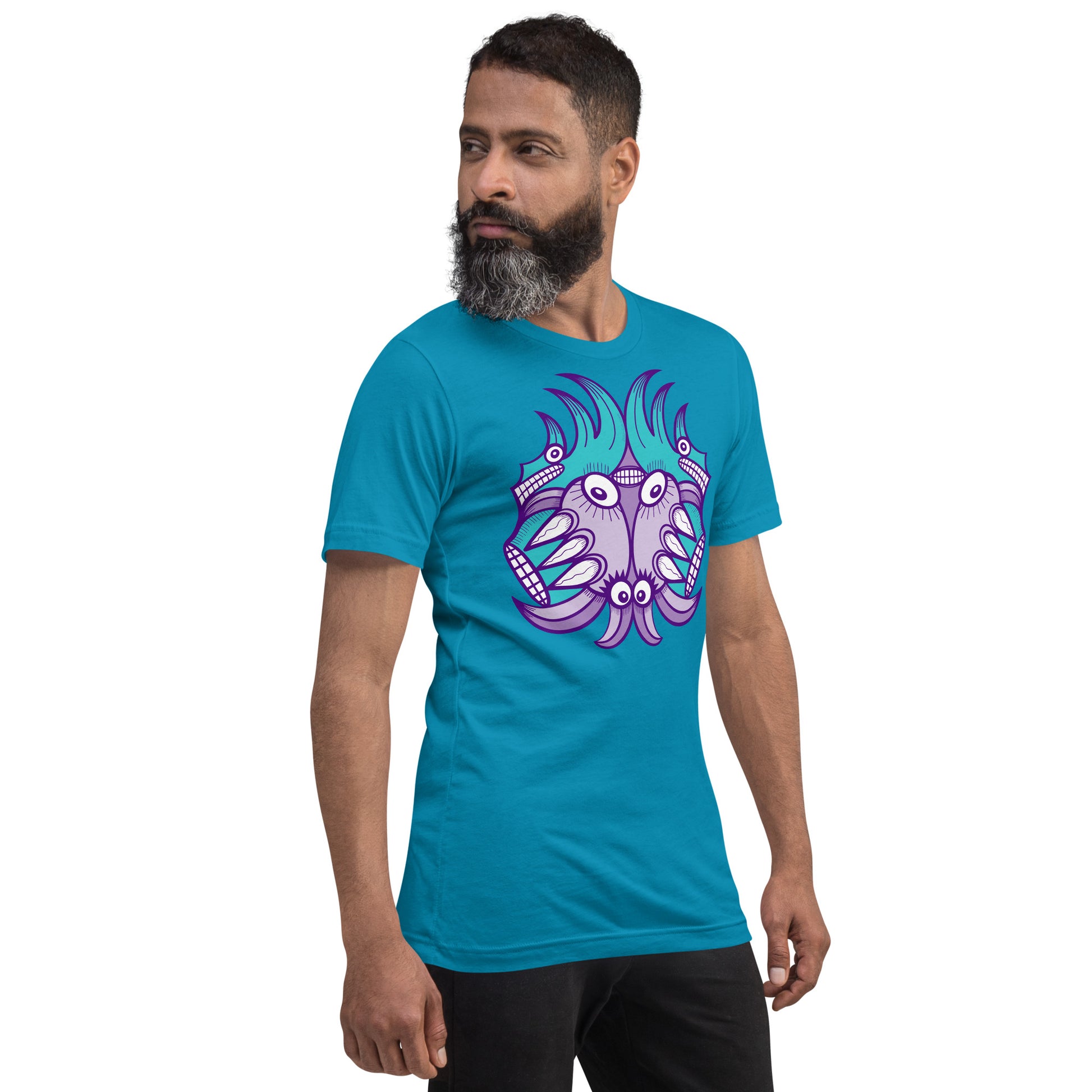 Planet 5: Aquatic Creatures from the Doodles of the Galaxy - Unisex t-shirt. Man wearing an Aqua color model