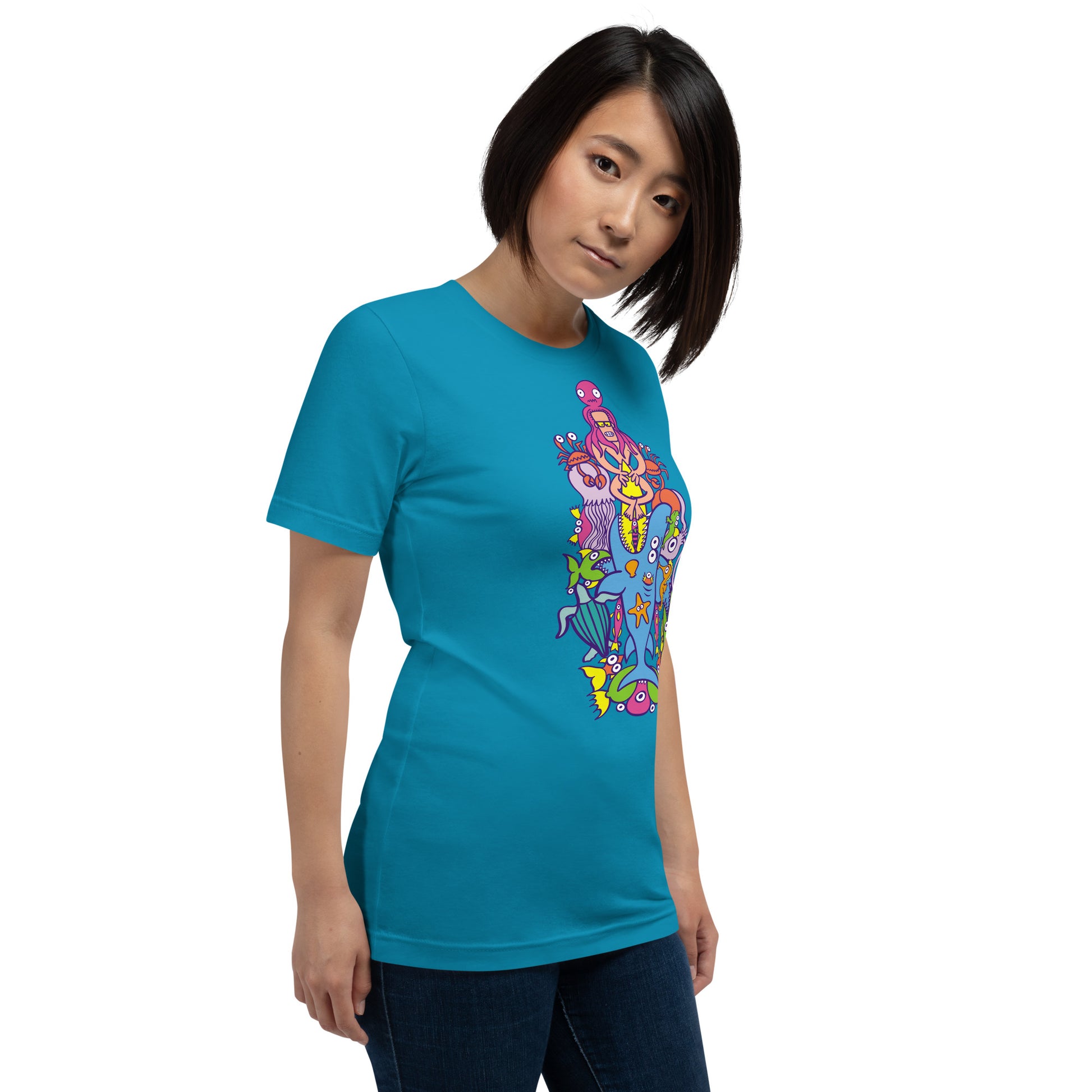 Surfing is a true extreme sport Unisex t-shirt. Woman wearing an aqua color model