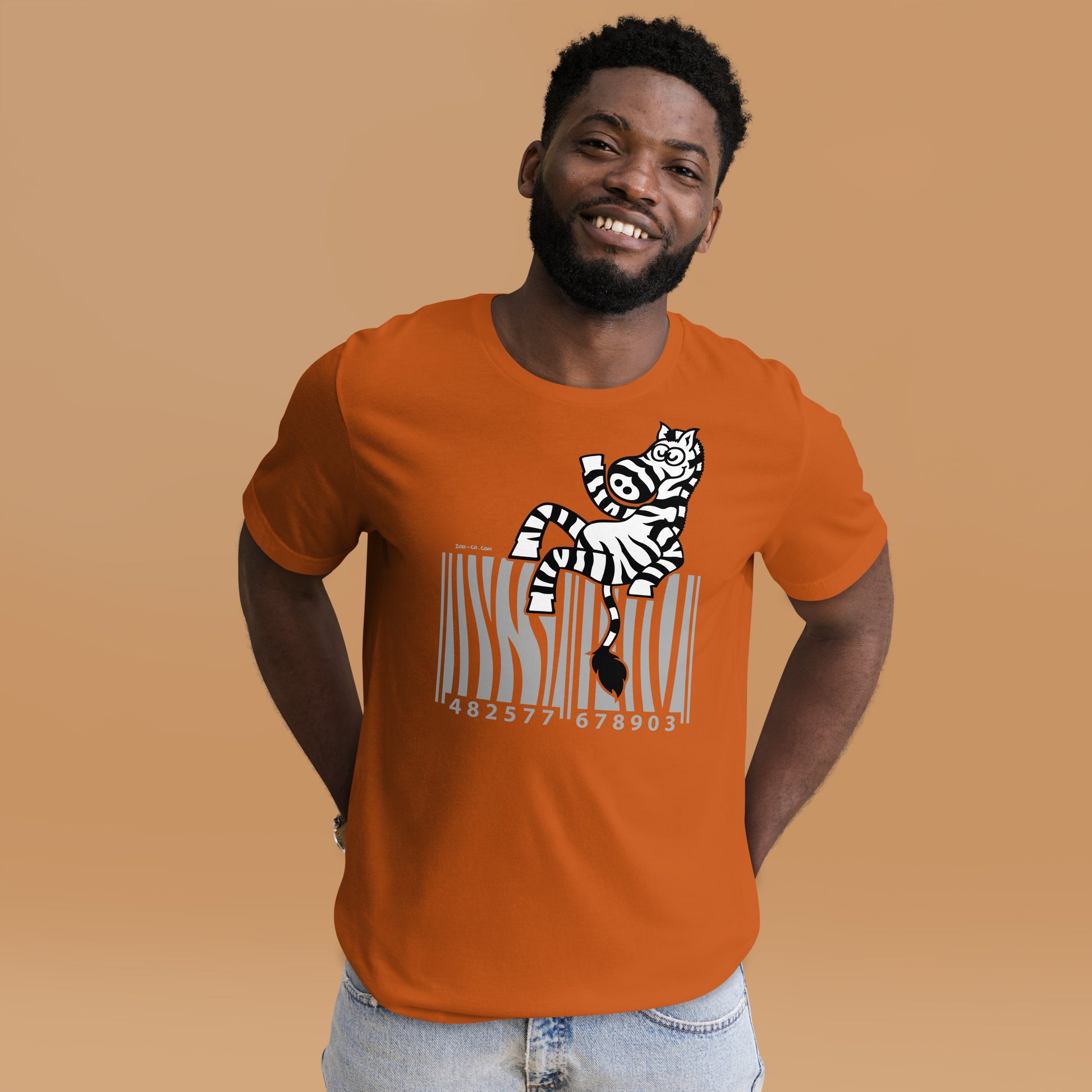 Creative barcode in waving zebra mode Unisex t-shirt. Man wearing an Autumn color version. Front view