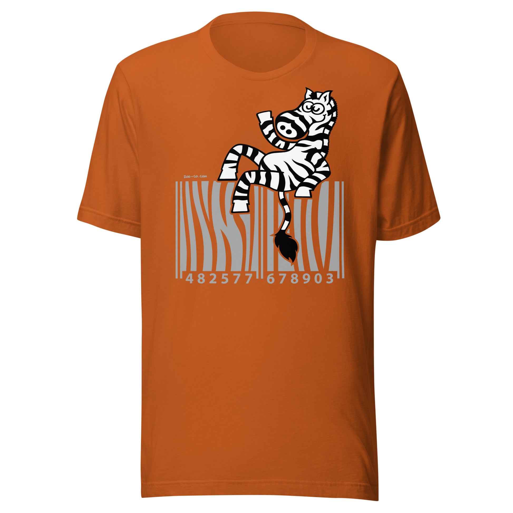 Creative barcode in waving zebra mode Unisex t-shirt. Autumn color. Front view