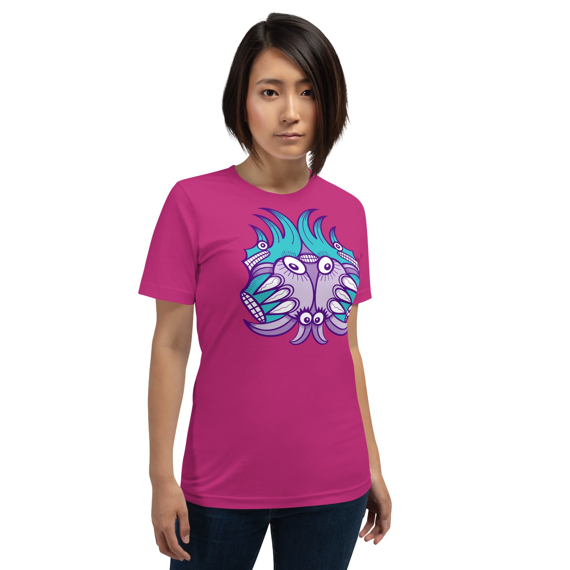 Planet 5: Aquatic Creatures from the Doodles of the Galaxy - Unisex t-shirt. Woman wearing an Berry color model