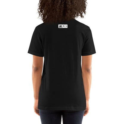 Woman wearing Short-Sleeve Unisex T-Shirt printed with Colombia, the charm of a magical country. Back view
