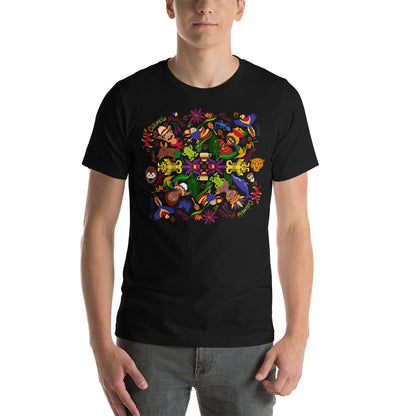 Man wearing Short-Sleeve Unisex T-Shirt printed with Colombia, the charm of a magical country