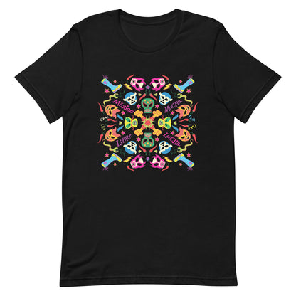 Mexican wrestling colorful party Unisex t-shirt. Front view. Black