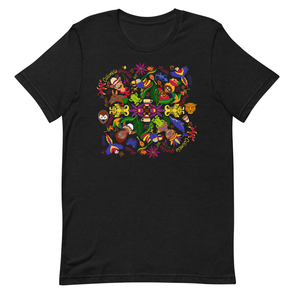 Colombia, the charm of a magical country Short-Sleeve Unisex T-Shirt. Black heather. Front view