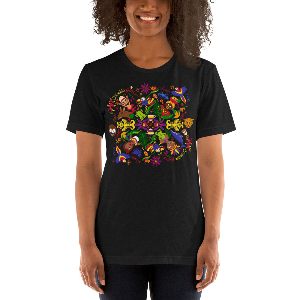 Woman wearing Short-Sleeve Unisex T-Shirt printed with Colombia, the charm of a magical country