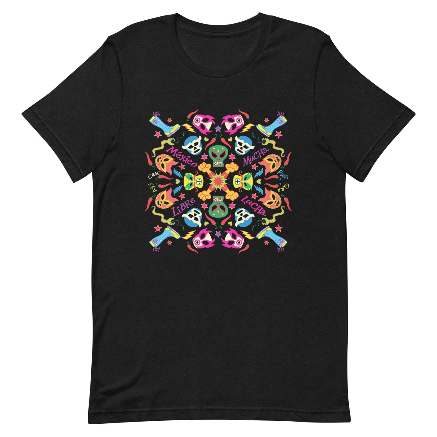 Mexican wrestling colorful party Unisex t-shirt. Front view. Black heather