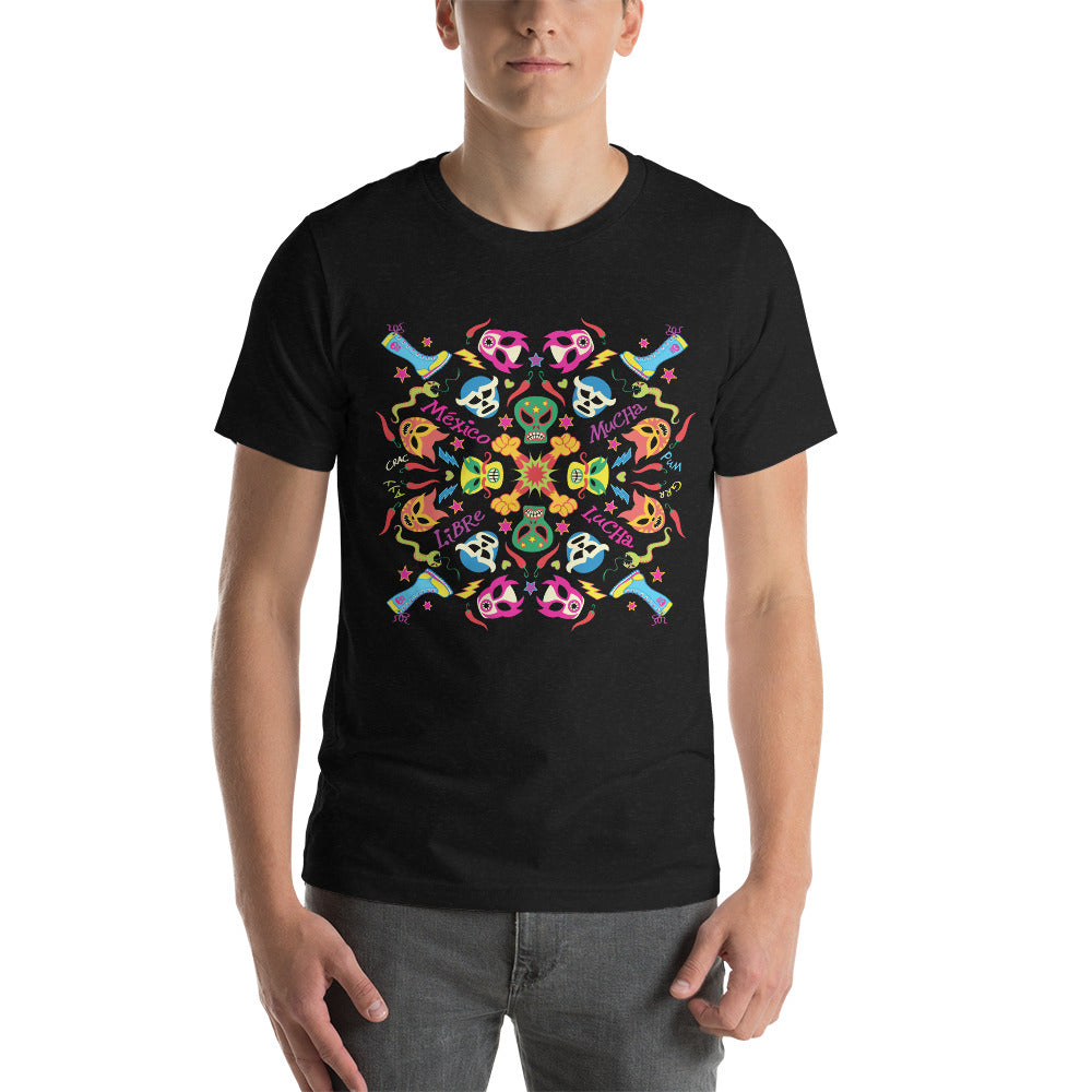 Man wearing Unisex t-shirt printed with Mexican wrestling colorful party. Black heather