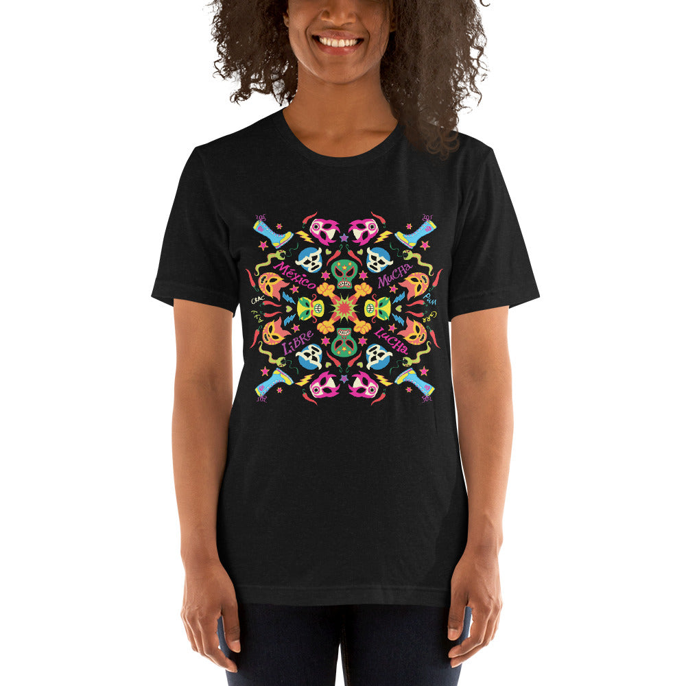 Smiling woman wearing Unisex t-shirt printed with Mexican wrestling colorful party. Black heather