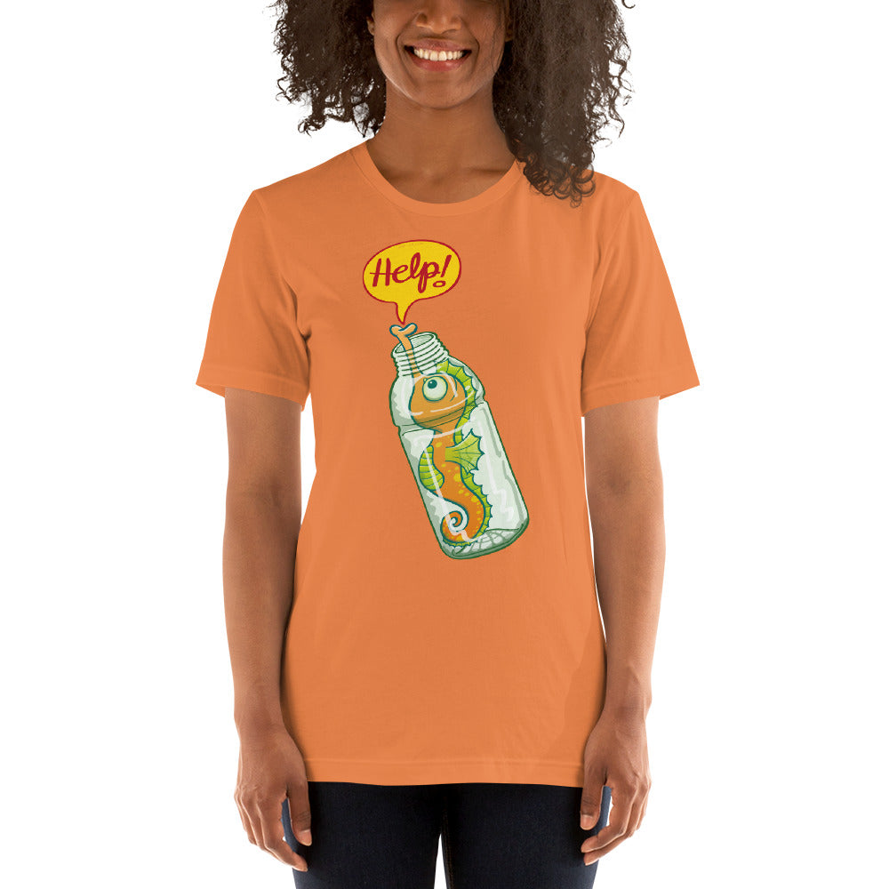 Beautiful woman wearing Unisex t-shirt printed with Seahorse in trouble asking for help while trapped in a plastic bottle. Burnt orange. Front view