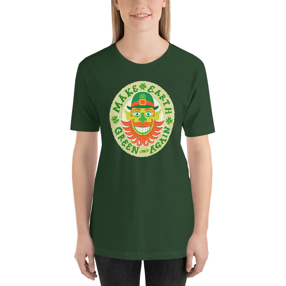Make Earth green again, it’s Saint Patrick’s Day Short-Sleeve Unisex T-Shirt. Woman pic. Kelly green. Front view