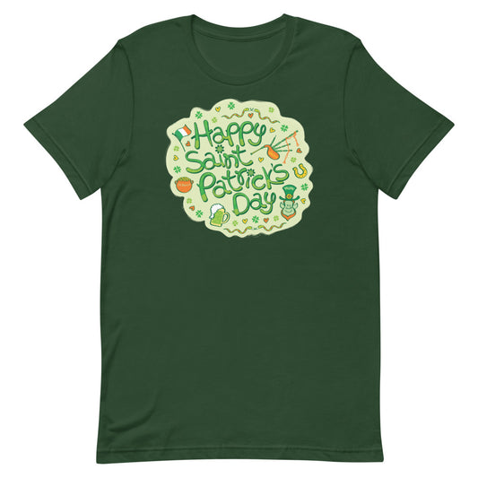 Live a happy Saint Patrick's Day Short-sleeve unisex t-shirt. Forest green. Front view