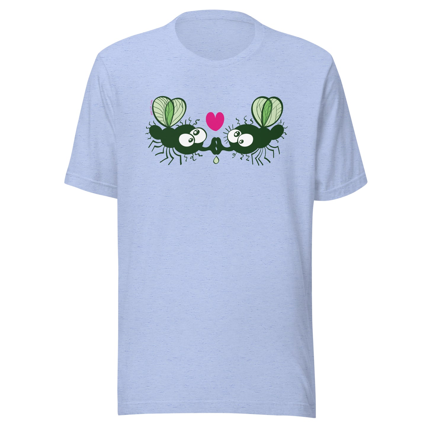 Funny houseflies kissing passionately Unisex t-shirt. Heather blue color. Front view