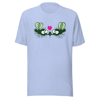 Funny houseflies kissing passionately Unisex t-shirt. Heather blue color. Front view