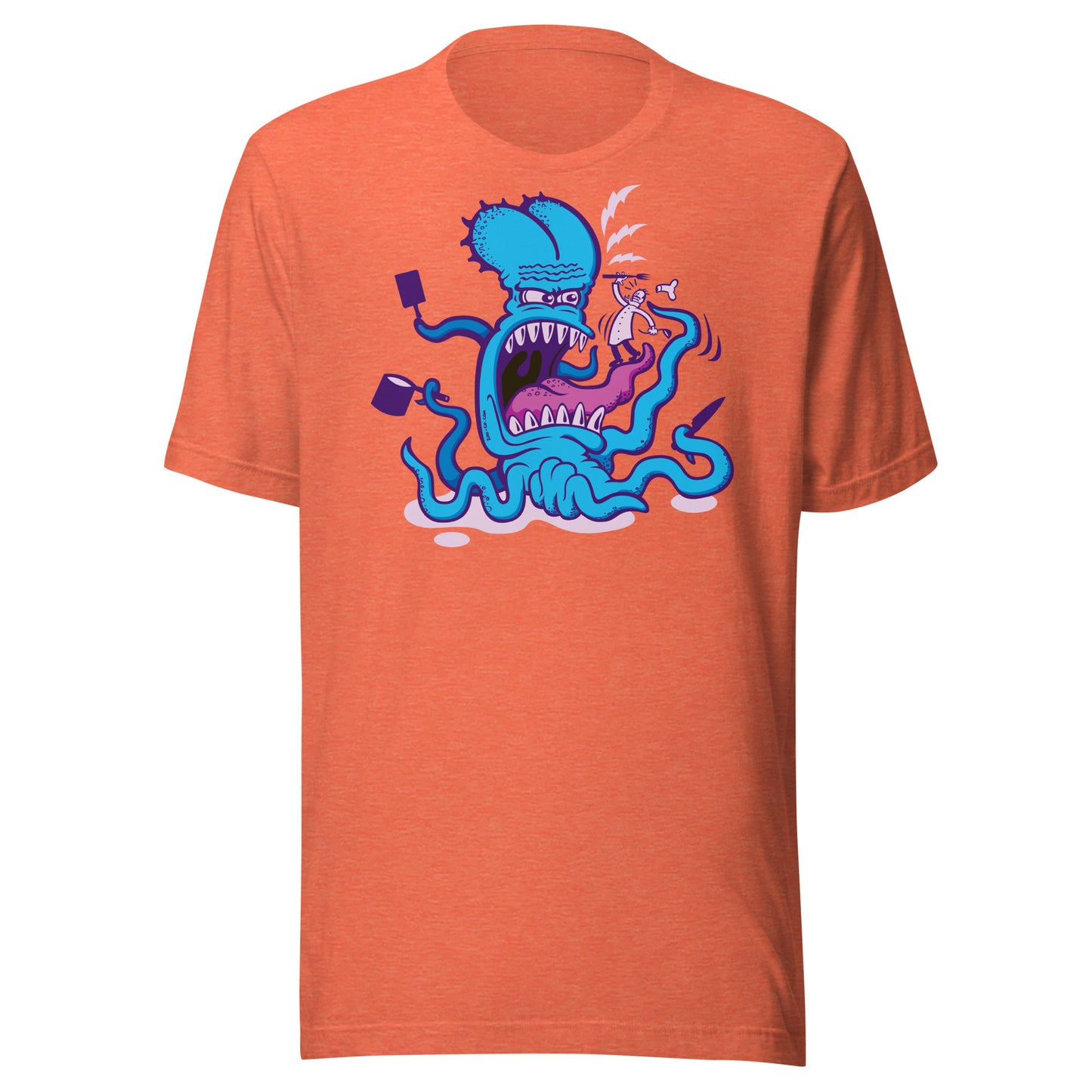 When cooking the perfect octopus recipe becomes extremely dangerous Unisex t-shirt. Heather orange. Front view