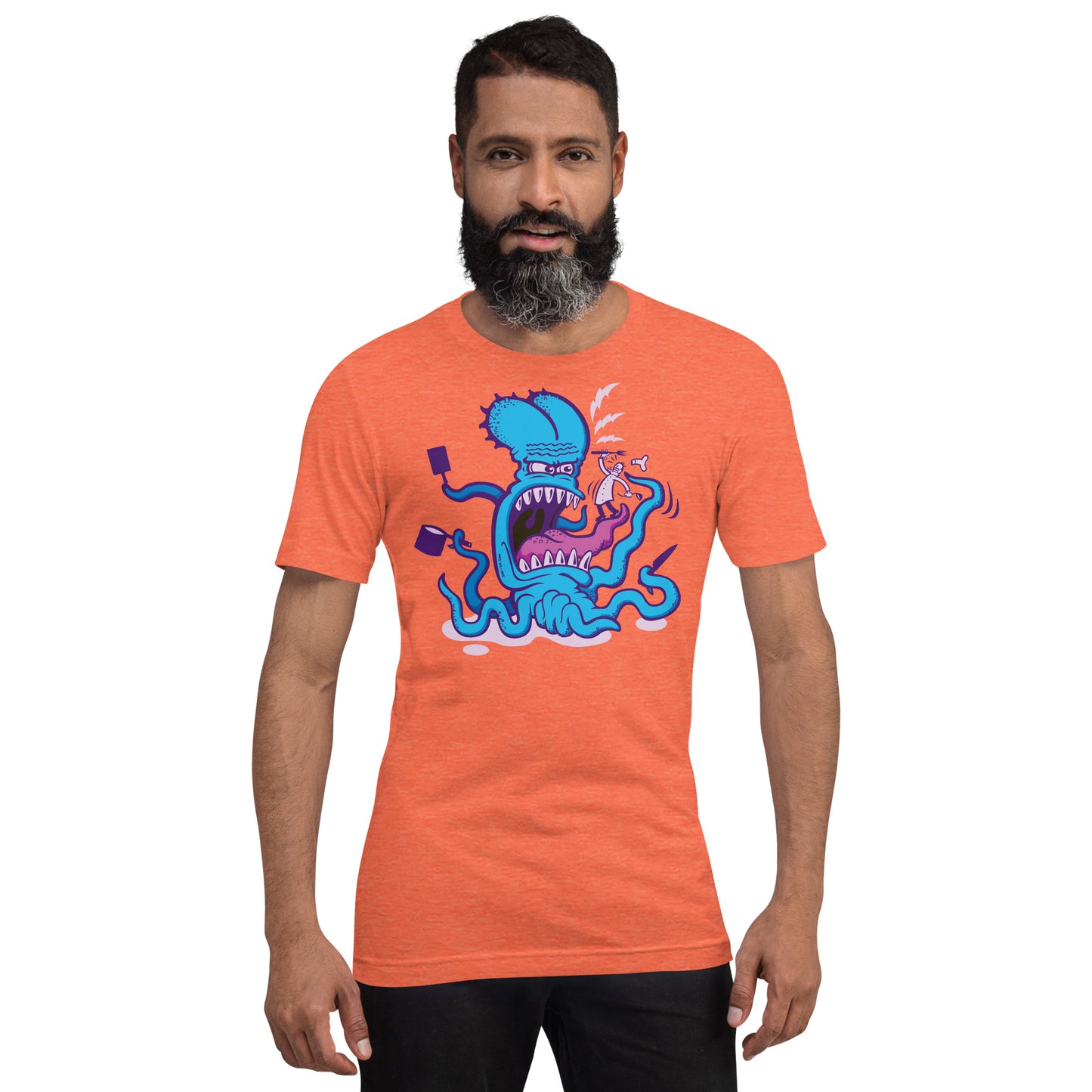 When cooking the perfect octopus recipe becomes extremely dangerous Unisex t-shirt. Man wearing heather orange model