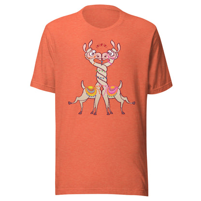 Cute llamas in love intertwining necks and kissing Unisex t-shirt. Heather orange color. Front view