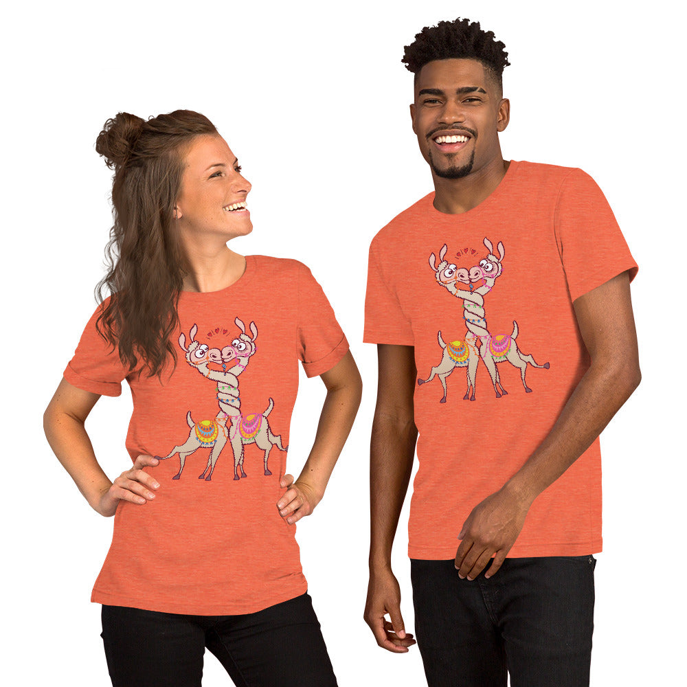 Cute llamas in love intertwining necks and kissing Unisex t-shirt. Heather orange color. Front view. Nice couple having fun wearing Zoo&co’s matching T-shirts