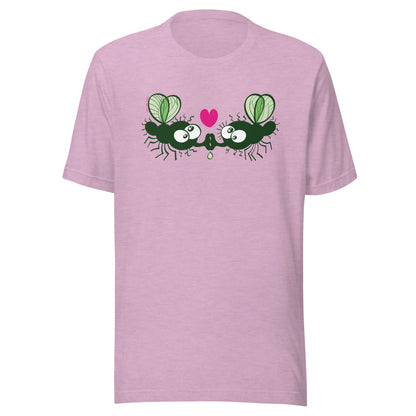 Funny houseflies kissing passionately Unisex t-shirt. Heather prism lilac color. Front view
