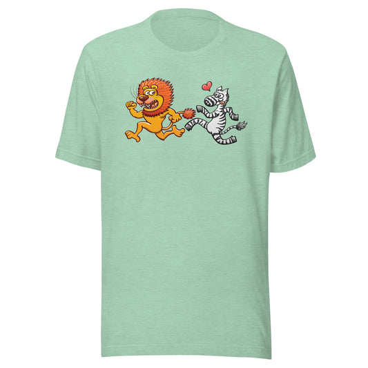 Wild zebra in love runs after a scared lion Unisex t-shirt. Heather prism mint color. Front view