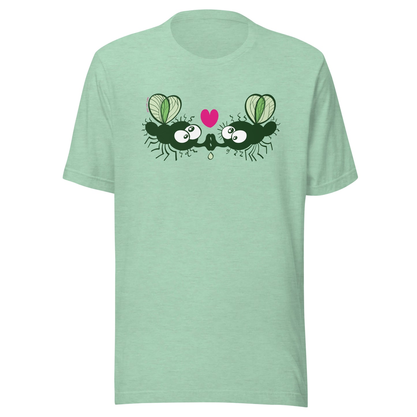 Funny houseflies kissing passionately Unisex t-shirt. Heather prism mint color. Front view
