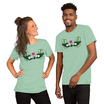 Funny houseflies kissing passionately Unisex t-shirt. Heather prism mint color. Front view. Happy couple wearing Zoo&co’s T-shirts