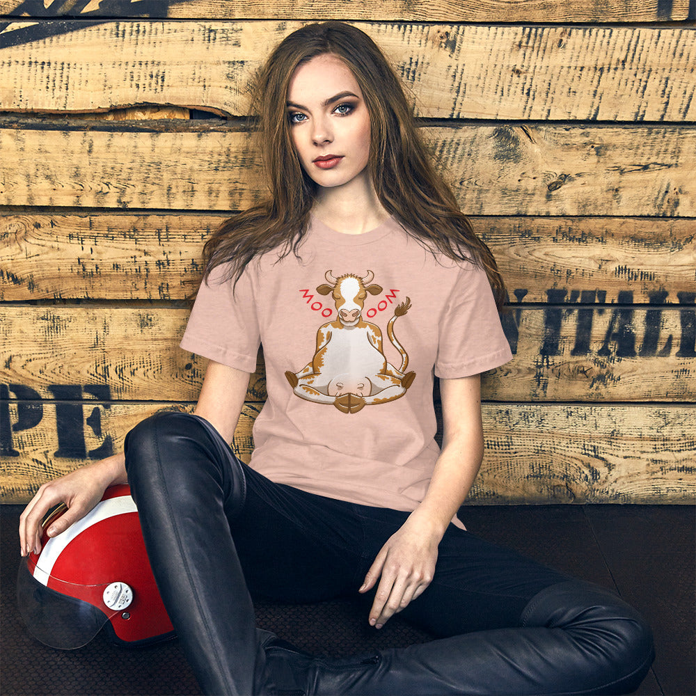 Time to meditate, follow this cow's amazing method Unisex t-shirt. Beautiful woman wearing a Heather prism peach model
