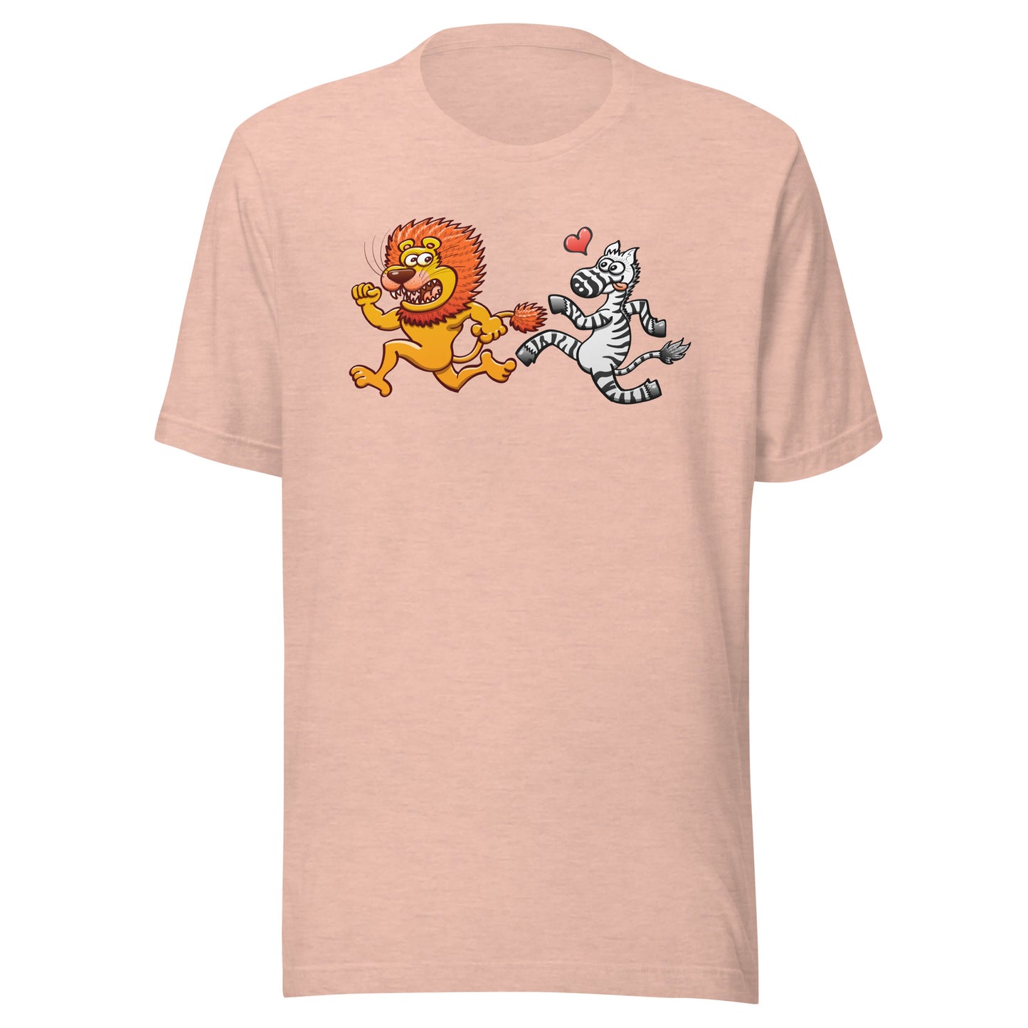 Wild zebra in love runs after a scared lion Unisex t-shirt. Heather prism peach color. Front view