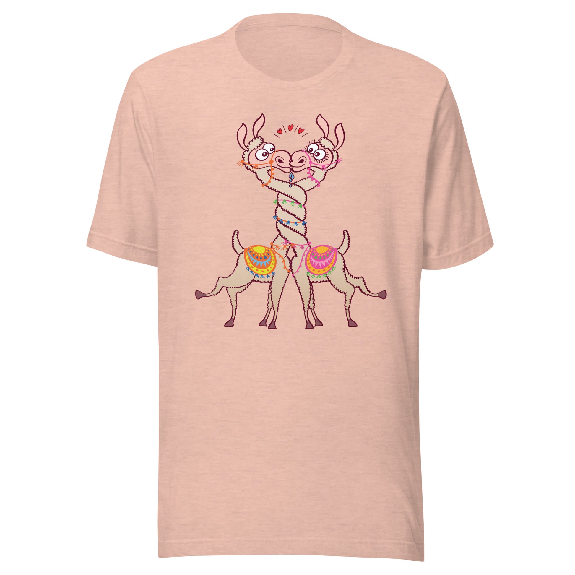 Cute llamas in love intertwining necks and kissing Unisex t-shirt. Heather prism peach color. Front view