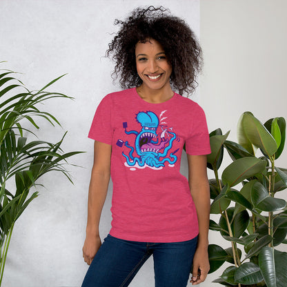When cooking the perfect octopus recipe becomes extremely dangerous Unisex t-shirt. Woman wearing raspberry model