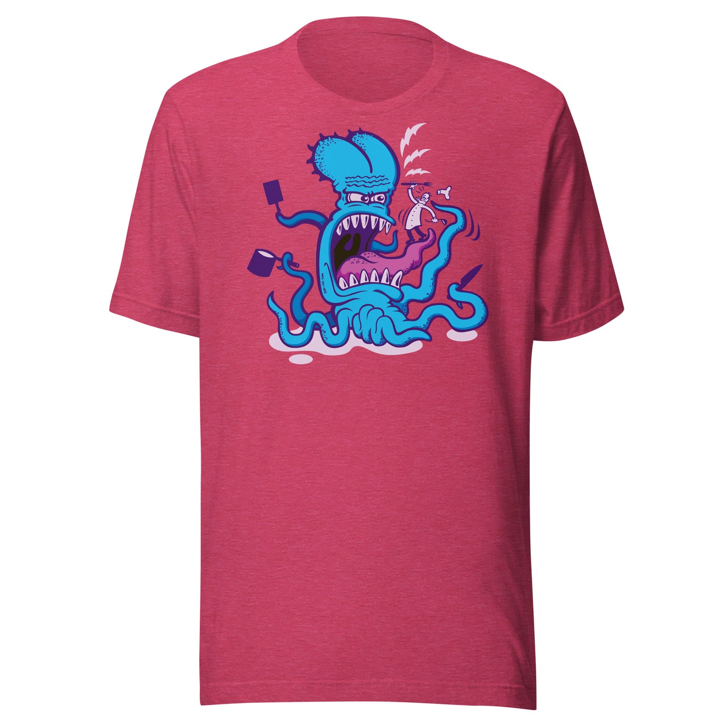 When cooking the perfect octopus recipe becomes extremely dangerous Unisex t-shirt. Raspberry. Front view